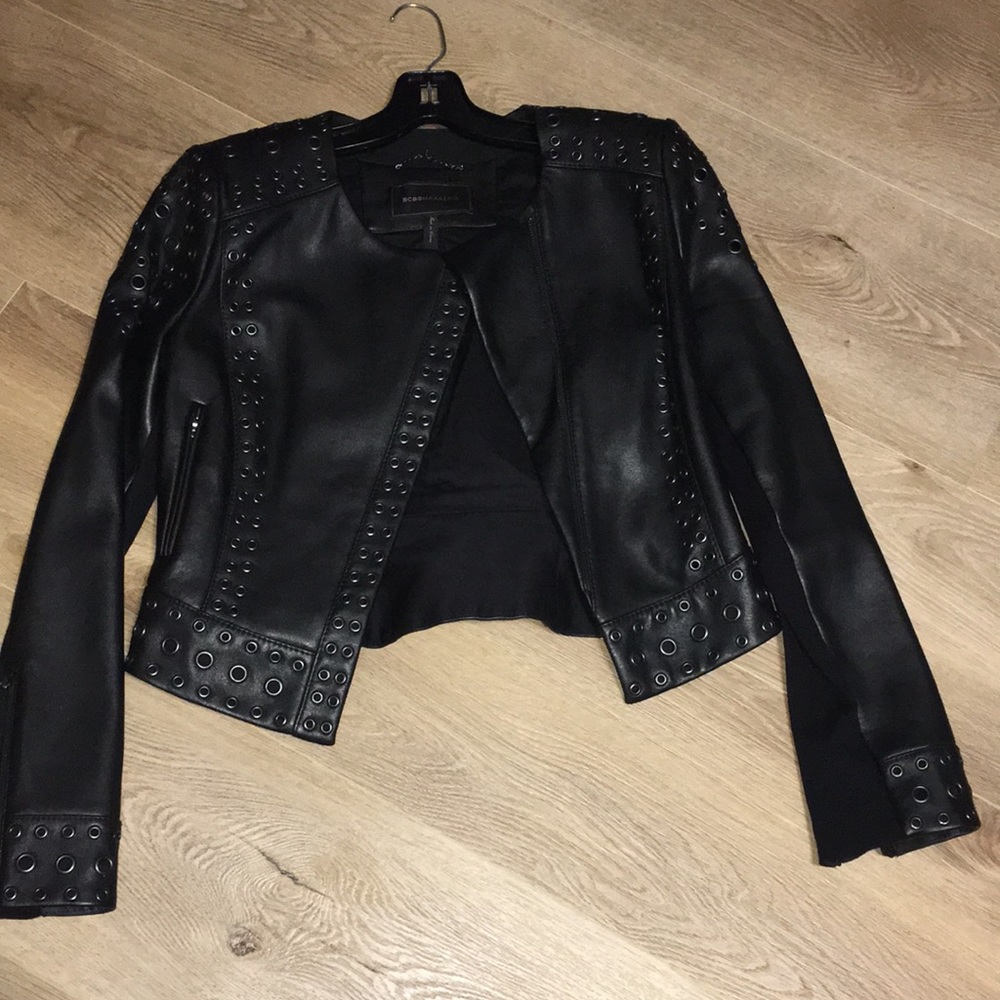 BCBGMAXAZRIA BLACK GROMMET DETAILED ALEC LEATHER ZIP UPBADAZZ JACKET EUC - Picture 3 of 12